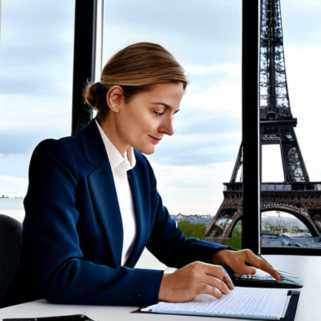 Modern Parisian Office**
"A professional businesswoman in a chic, fully clothed business suit, working at a desk in a modern Parisian office with Eiffel Tower visible through the window, appropriate attire, safe for work, perfect anatomy, natural proportions, professional photography, high quality, family-friendly, well-formed hands, proper finger count."
**