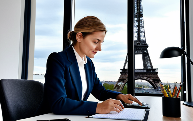 Modern Parisian Office**
"A professional businesswoman in a chic, fully clothed business suit, working at a desk in a modern Parisian office with Eiffel Tower visible through the window, appropriate attire, safe for work, perfect anatomy, natural proportions, professional photography, high quality, family-friendly, well-formed hands, proper finger count."
**