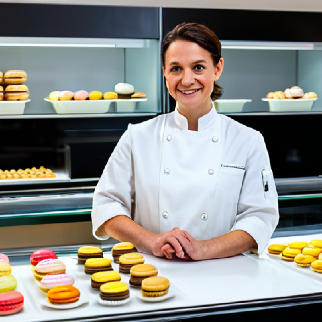 Parisian Patisserie Owner**

"A professional photograph of a woman in her late 30s, the owner of a Parisian patisserie. She's wearing a clean, modest chef's coat and an apron, hair neatly tied back.  She's standing behind a glass display case filled with colorful macarons and delicate pastries.  Soft, natural lighting.  Background: a glimpse into a clean, stainless steel kitchen.  Perfect anatomy, well-formed hands, proper finger count, natural body proportions. Safe for work, appropriate content, fully clothed, professional, family-friendly.  High quality, 8k resolution."

**