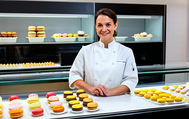 Parisian Patisserie Owner**
"A professional photograph of a woman in her late 30s, the owner of a Parisian patisserie. She's wearing a clean, modest chef's coat and an apron, hair neatly tied back. She's standing behind a glass display case filled with colorful macarons and delicate pastries. Soft, natural lighting. Background: a glimpse into a clean, stainless steel kitchen. Perfect anatomy, well-formed hands, proper finger count, natural body proportions. Safe for work, appropriate content, fully clothed, professional, family-friendly. High quality, 8k resolution."
**