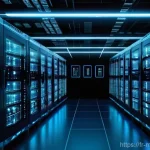 모바일게임 스트레스 테스트 - **"Stress Test Simulation: The Digital Overload"**: A futuristic server room with rows of glowing, h...
