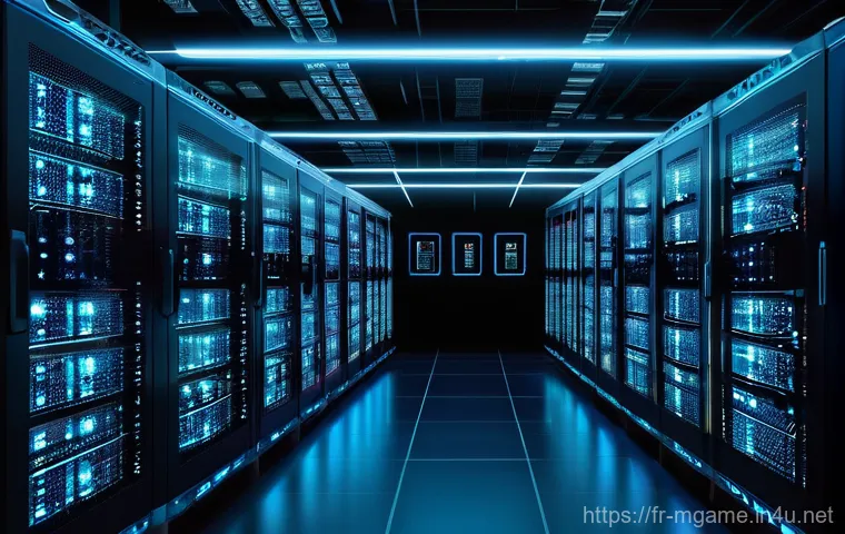 모바일게임 스트레스 테스트 - **"Stress Test Simulation: The Digital Overload"**: A futuristic server room with rows of glowing, h...