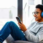 모바일게임 스트리밍 플랫폼 - **Prompt:** A young adult (18-25 years old, gender-neutral appearance) deeply absorbed in a mobile g...