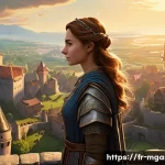 모바일 전략 게임 추천 - **Prompt:** A dynamic, wide-angle shot of a flourishing, fantastical medieval city viewed from a sli...