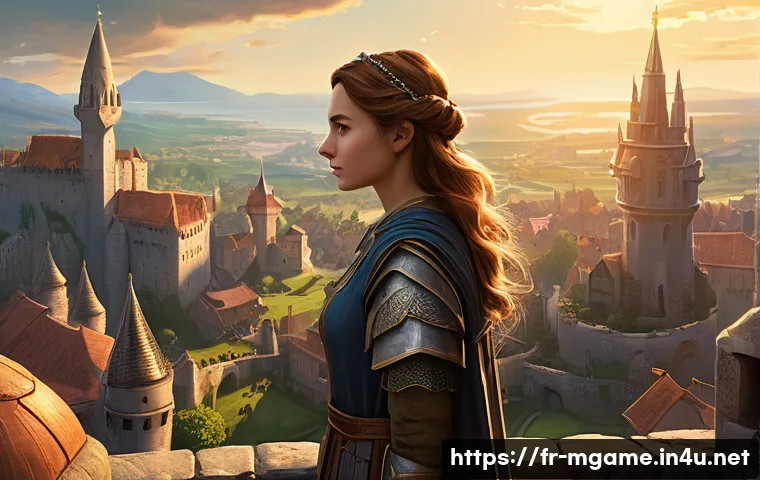 모바일 전략 게임 추천 - **Prompt:** A dynamic, wide-angle shot of a flourishing, fantastical medieval city viewed from a sli...